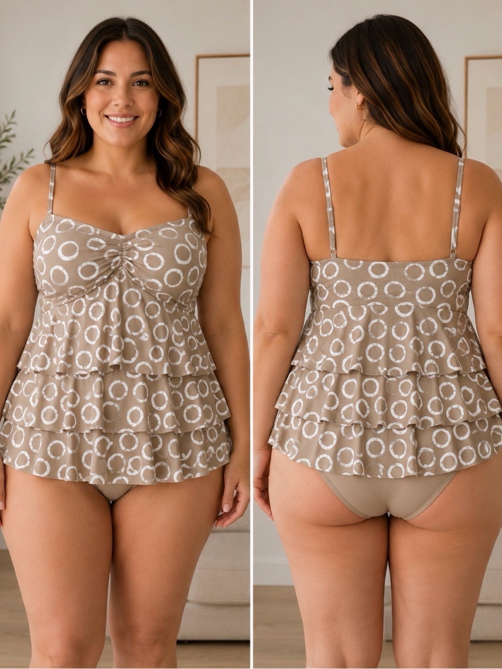 Custom Curves Taupe Tiered Circle Print Tankini Set size 14